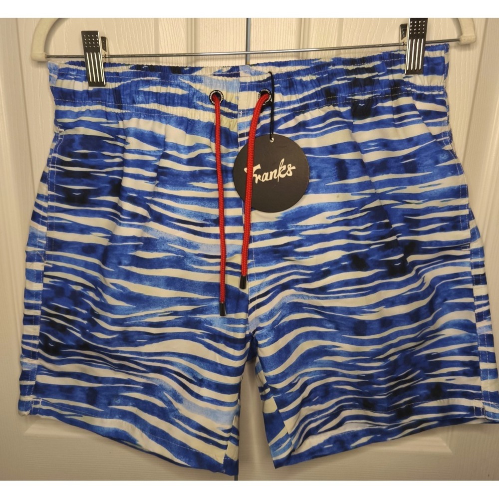 NWT Franks Australia Mens Swim Trunks Blue Abstract Stripe Board Shorts Small